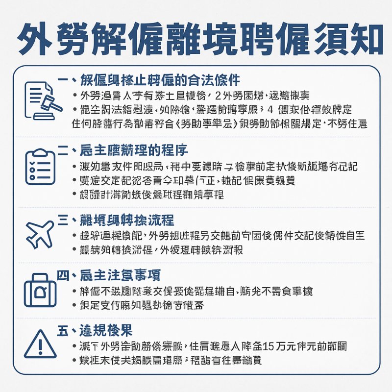 以下是台灣聘僱外籍勞工時，雇主在 解雇與離境作業 相關的 「外勞解雇離境聘僱須知」 整理
